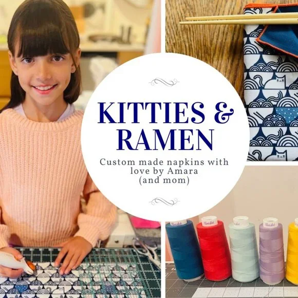 "Kitties and Ramen" 6 Handmade Cotton Dinner Napkins - Picture 1 of 3